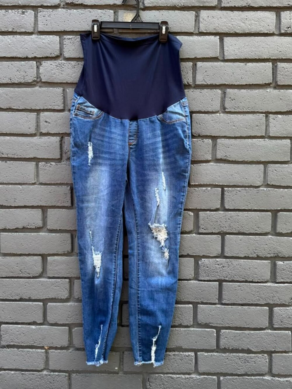 S.O.N.G. Maternity Women's Skinny Blue Denim Jean Stretch Distressed Frayed XL